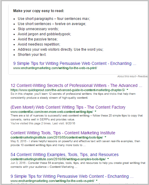content writing tips first page