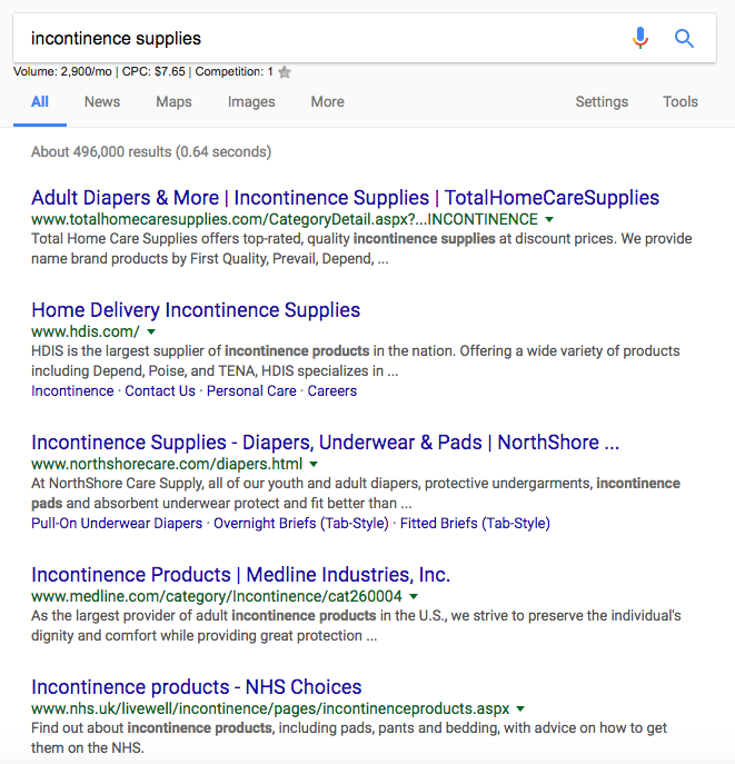 incontinence supplies category competitors search results