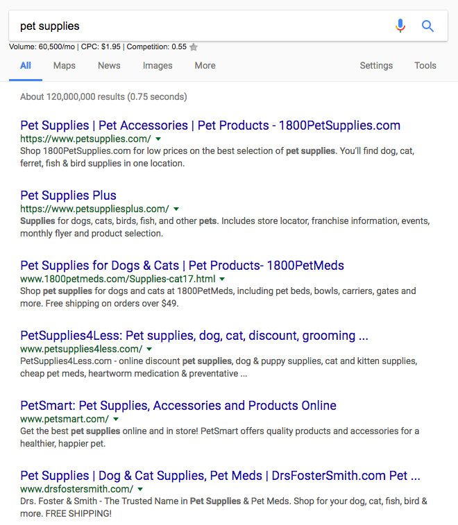 pet supplies search results generic competitors