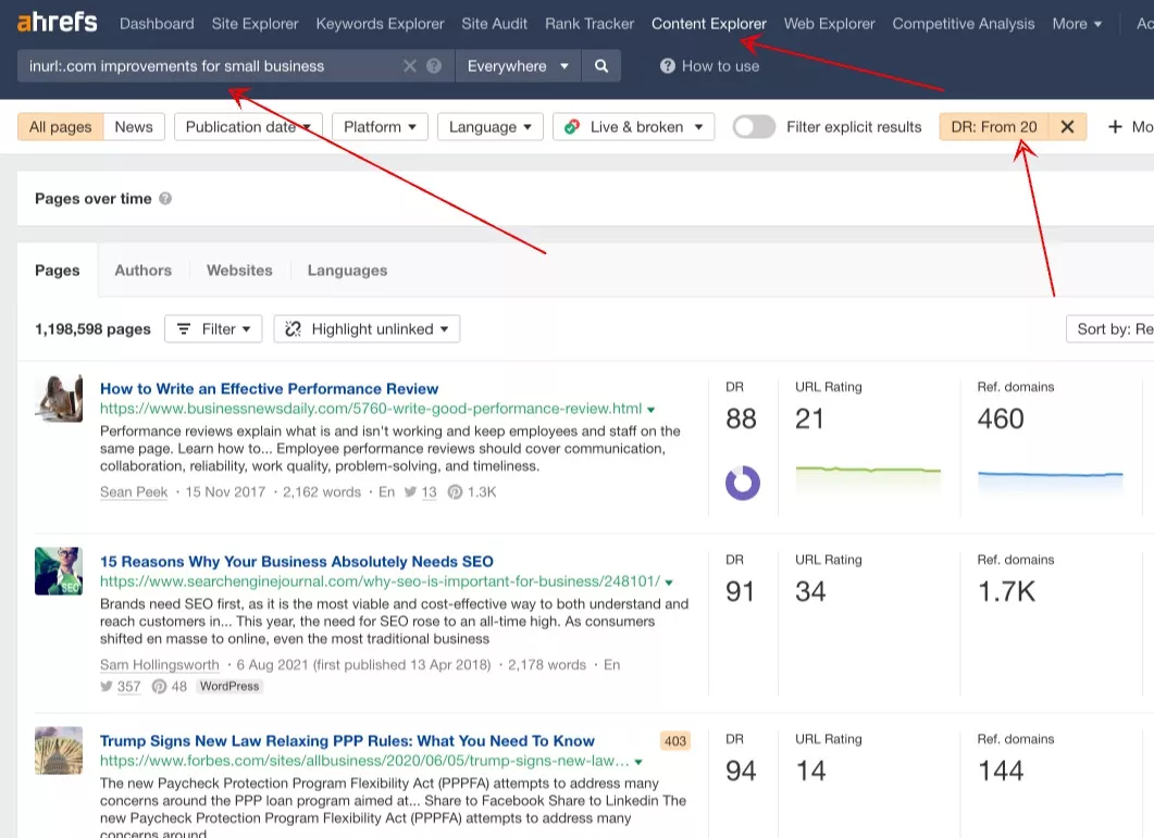 Content Explorer Ahrefs prospecting for link inclusion
