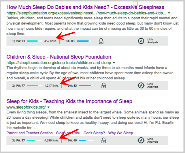 sleep for kids ranking pages links