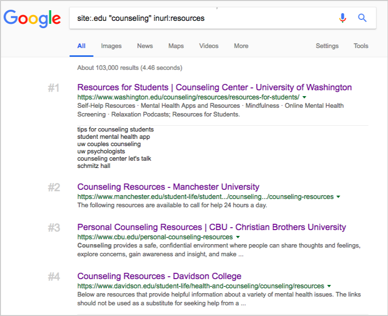 counsellling edu pages serps