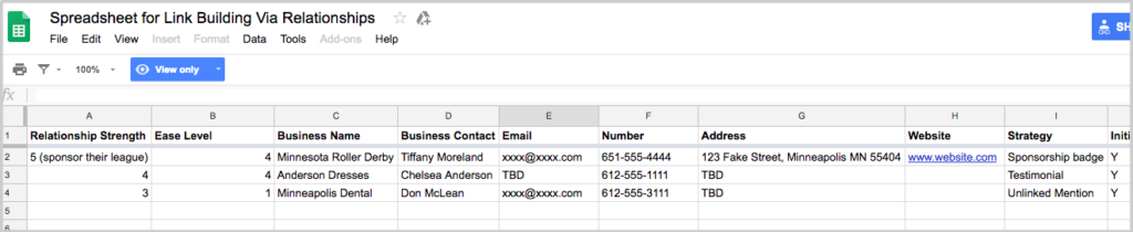 spreadsheet link building via relationships