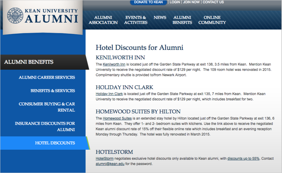 hotel alumni discounts page