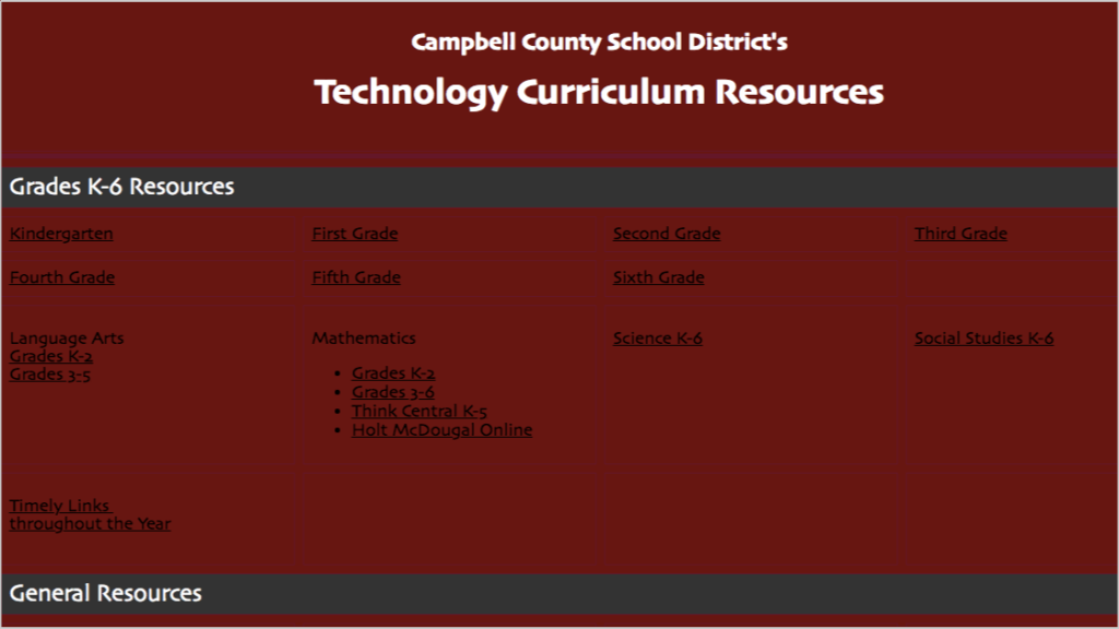 resource page for curriculum materials