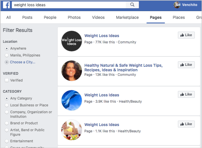 facebook search weight loss ideas