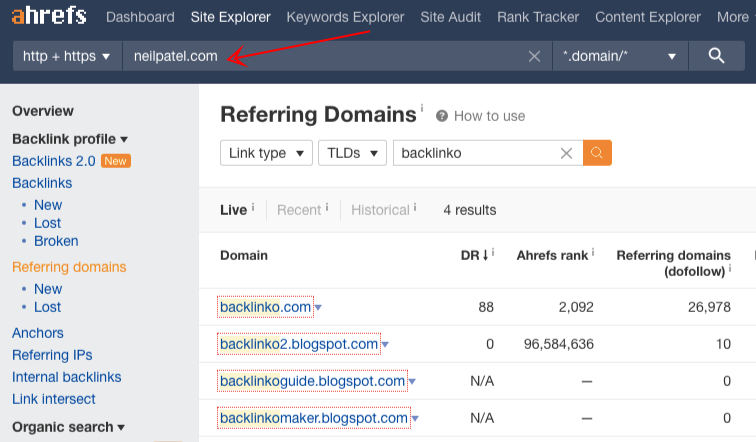 ahrefs referring domains link to website before