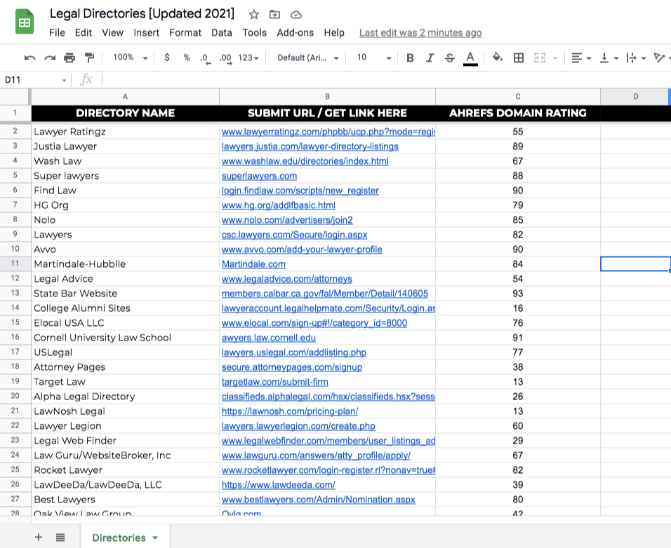 list of legal directories google sheets
