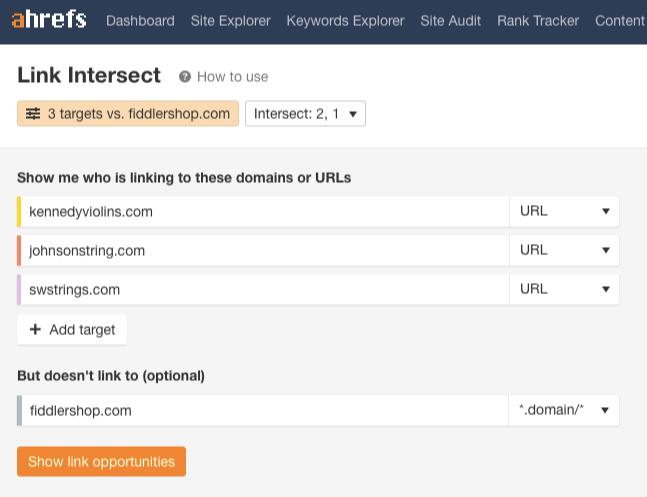 ahrefs link intersect ecommerce link opportunities