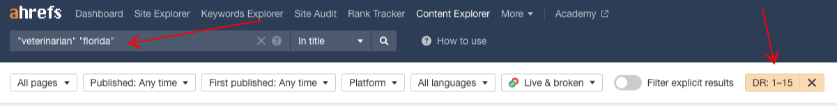 ahrefs content explorer filtered by domain rating