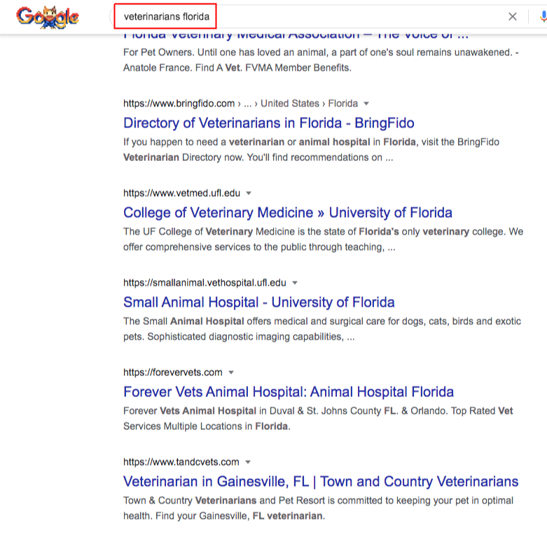google search veterinarians florida