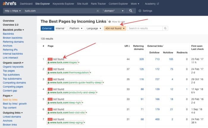 ahrefs 404 broken wasted links