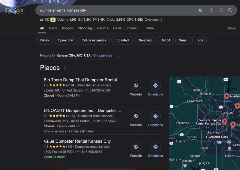 dumpster rental kansas google search results page